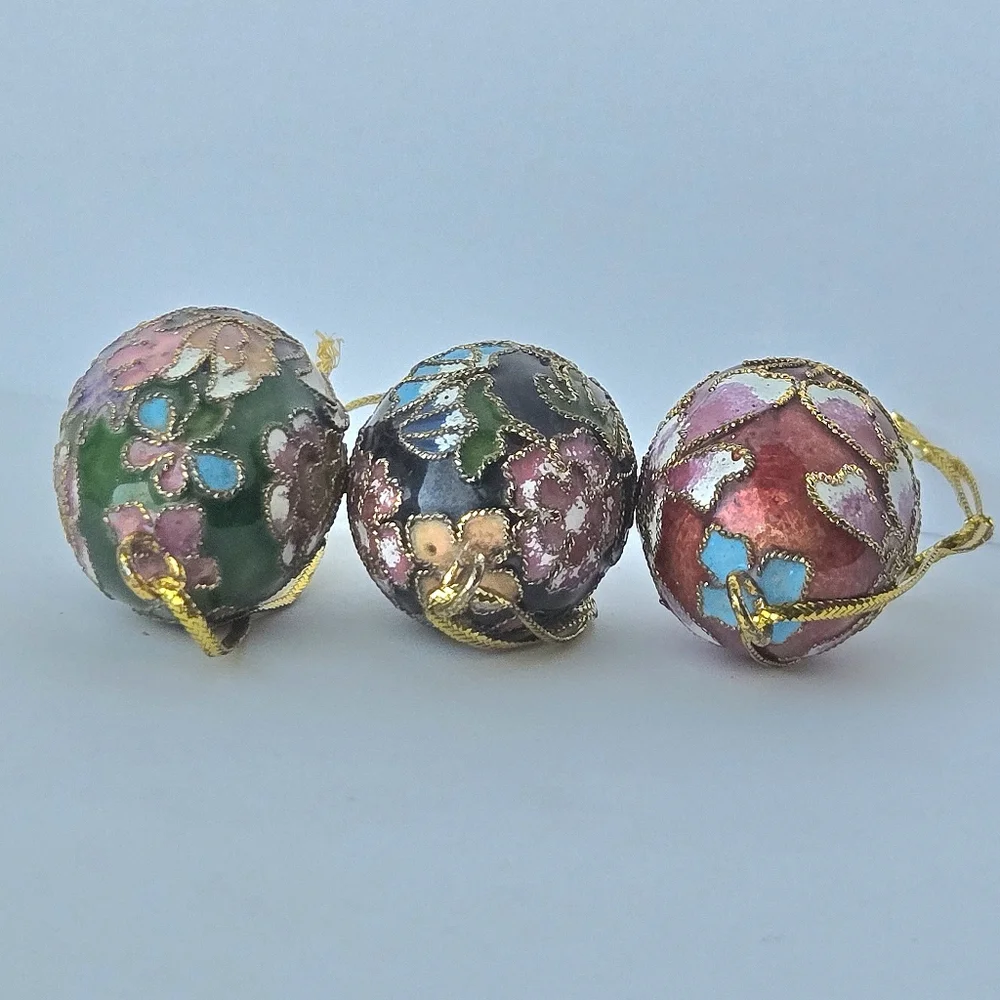 VTG Cloisonne Mini Egg Ornaments Set of 3, Enamel Brass Butterfly Floral, RARE